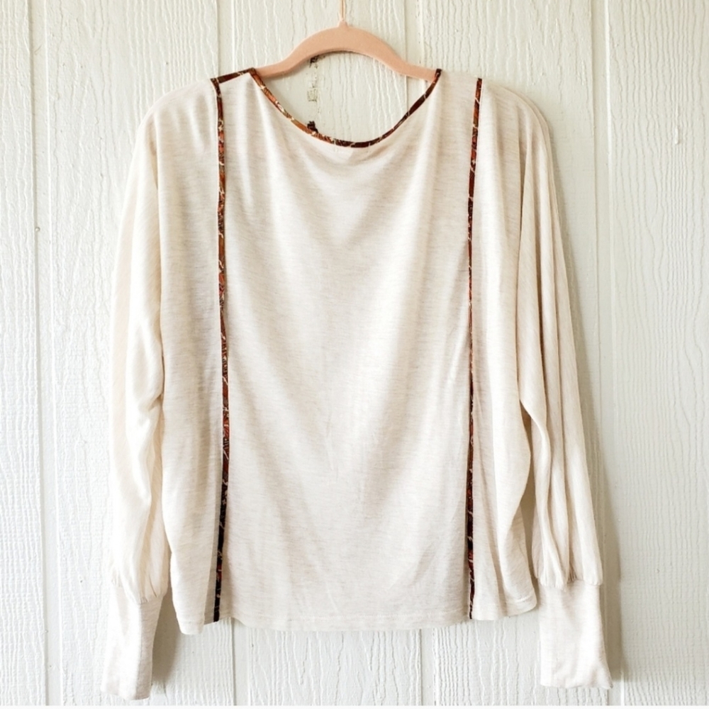 Anthropologie Long-Sleeve Top with Brown Patterned Front Panel - Picture 3 of 6